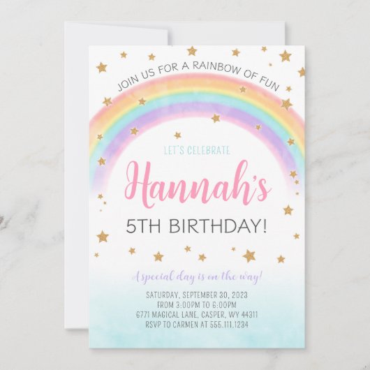 レインボー&スターズバースデーパーティーへの招待 招待状 (正面)