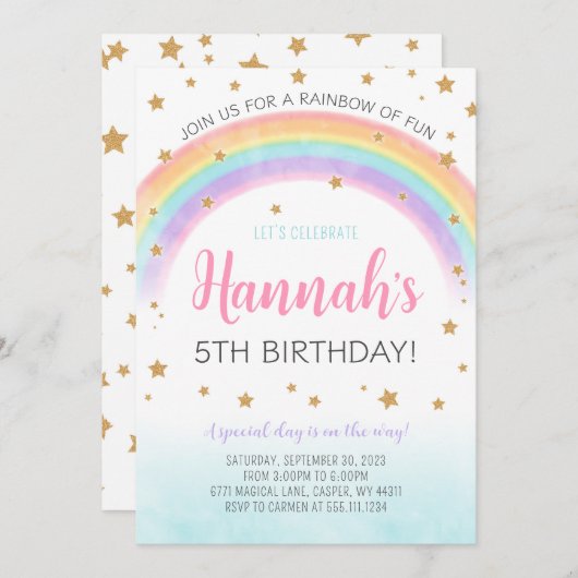 レインボー&スターズバースデーパーティーへの招待 招待状 (正面/裏面)