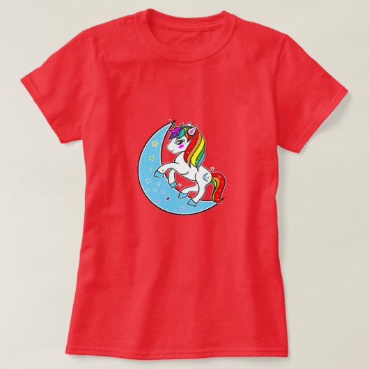 レインボー セレストブルー 月と星 ユニコーン Tシャツ (デザイン正面)