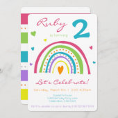 レインボー&ハートカラフルボホ小さな女の子誕生日 招待状 (正面/裏面)