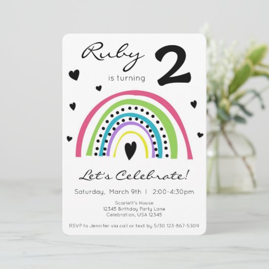 レインボー&ハートカラフルボホ小さな女の子誕生日 招待状 (スタンド正面)