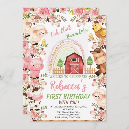 レインボー&ファーム誕生日ガールファームアニマルズ 招待状 (正面/裏面)