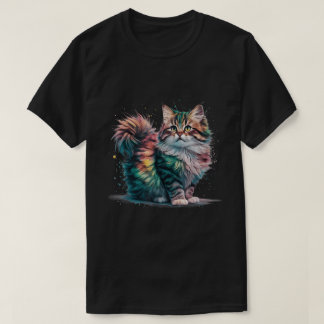 レインボー フラッフィー キャット 水彩アートプリント Tシャツ