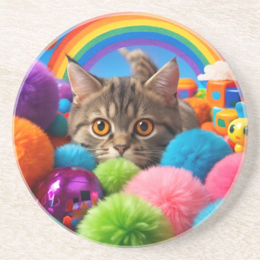 レインボー プレイタイム 子猫 かわいい 縞々猫 コースター (正面)