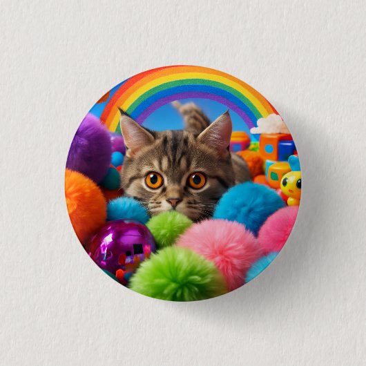 レインボー プレイタイム 子猫 かわいい 縞々猫 缶バッジ (正面)