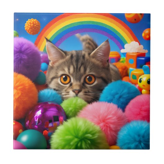 レインボー プレイタイム 子猫 かわいい 縞々 猫 タイル (正面)
