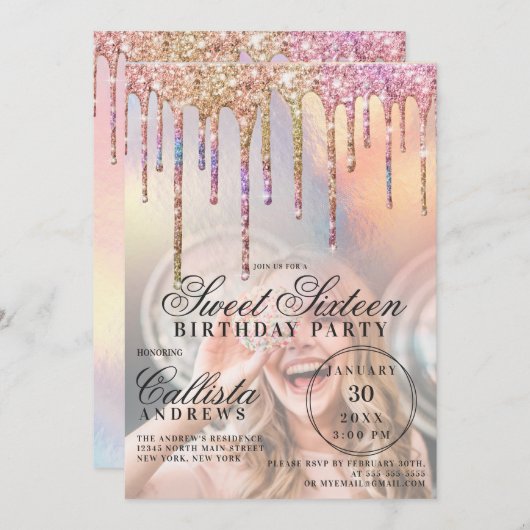 レインボー ホログラフィック グリッター ドリップス フォト スウィート16 招待状 (正面/裏面)