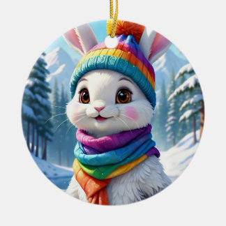 レインボー ホワイト 冬のうさぎ セラミックオーナメント