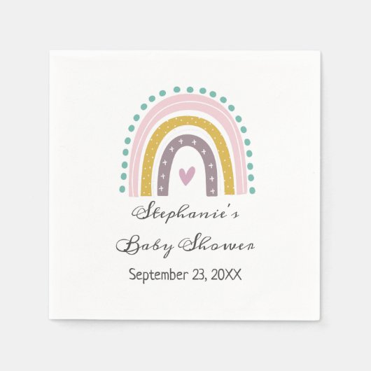レインボー，ボホ，ピンク，ティール（緑がかった色）,ハート，赤ちゃんシャワー スタンダードカクテルナプキン (正面)