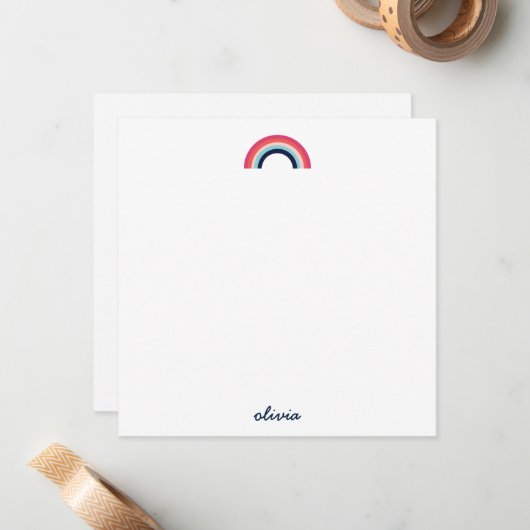 レインボー モダン パーソナライズ スクリプト ネーム ブルー ノートカード (正面/裏面インサイチュ)