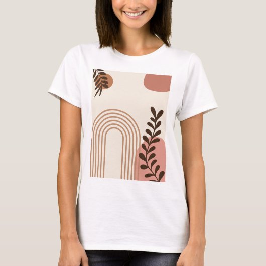 レインボー+ヤシの葉+太陽, ボホー抽象幾何学アート Tシャツ (正面)