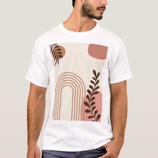 レインボー+ヤシの葉+太陽, ボホー抽象幾何学アート Tシャツ (正面)