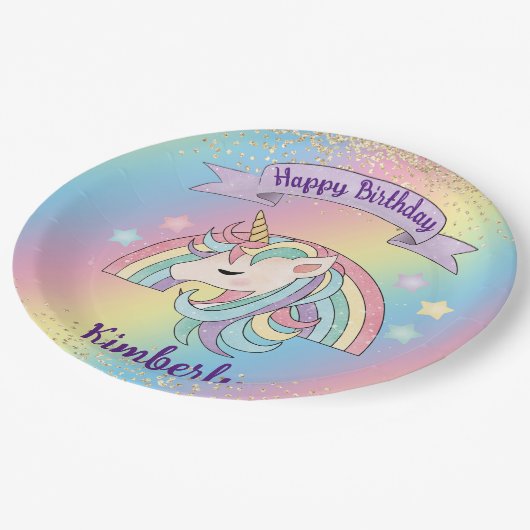 レインボー&ユニコーン金ゴールドグリッター誕生日 ペーパープレート (アングル)