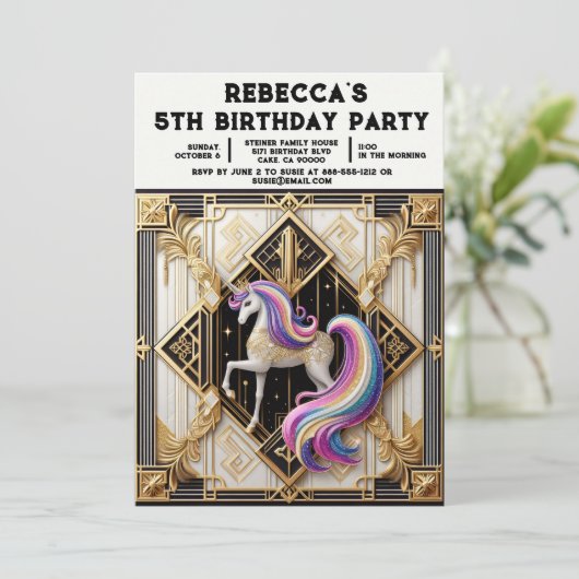 レインボー ユニコーン ガーリー 誕生日パーティー招待状 招待状 (スタンド正面)