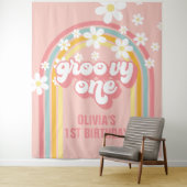 レインボー レトロ グルーヴィー ワン 1歳誕生日 タペストリー (インサイチュ)