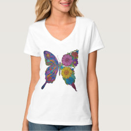 レインボー 蝶 花柄 レディースVネックTシャツ Tシャツ