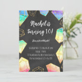 レインボー&金ゴールドジェムストーンズモダンガールズ誕生日 招待状 (スタンド正面)