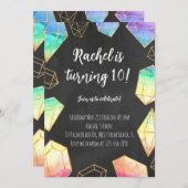 レインボー&金ゴールドジェムストーンズモダンガールズ誕生日 招待状 (正面/裏面)