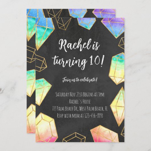 レインボー&金ゴールドジェムストーンズモダンガールズ誕生日 招待状 (正面/裏面)