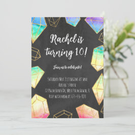 レインボー&金ゴールドジェムストーンズモダンガールズ誕生日 招待状