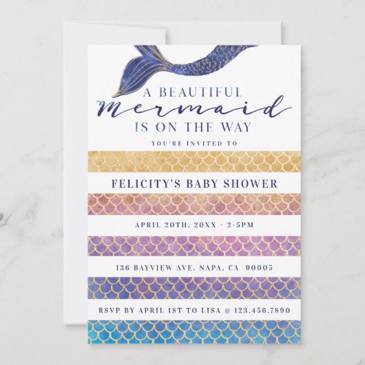 レインボー+金ゴールドマーメイドはかりで測&スティープベビーシャワー 招待状 (正面)