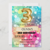 レインボー 3歳 3rd バースデーパーティー 女の子 サード 招待状 (正面)