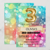 レインボー 3歳 3rd バースデーパーティー 女の子 サード 招待状 (正面/裏面)