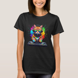 レインボーDJ猫 サングラス ヘッドホン EDMミュージック Tシャツ