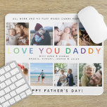 レインボー'LOVE YOU DADDY'フォトコラージュキープサケ マウスパッド<br><div class="desc">パパのための特別なキープサケ写真コラージマウスパッドを作成する。デザインはレインボータイポグラフィモダンレタリング「LOVE YOU DADDY」で選んだ8つの正方形の写真を掲載し、可愛いメッセージ/sと名前/sでパーソナライズする。</div>