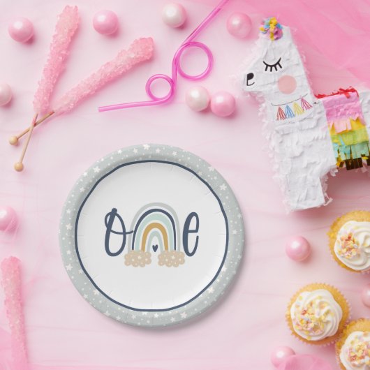 レインモダンボーファースト誕生日プレート-ボーイLB ペーパープレート (パーティー)