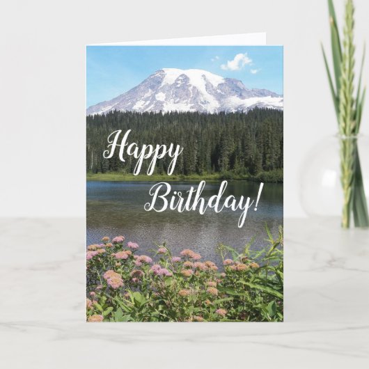 レインヤー山と湖と花の写真 誕生日 カード (正面)
