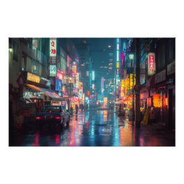 レイン・ネオン東京の路地 フォトプリント