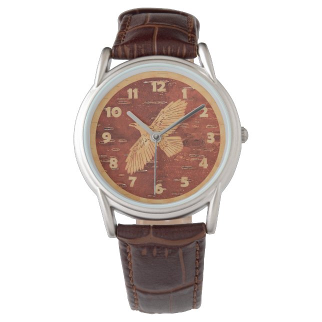 レイヴン素朴オンインナー樺の木樹皮 腕時計 (正面)