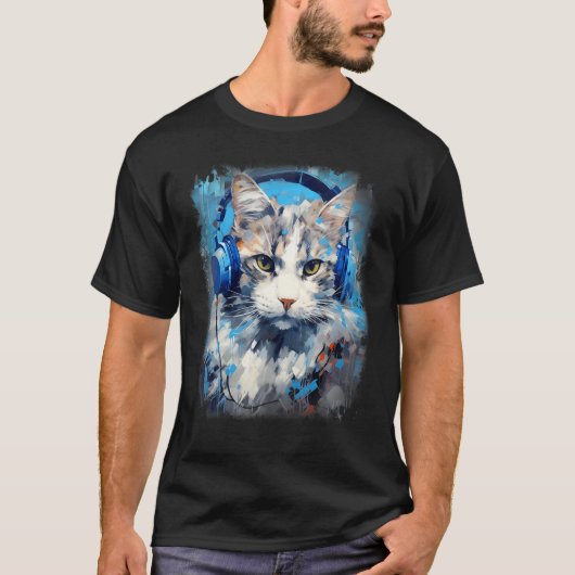 レイヴ EDM ラガマフィン 猫 ヘッドホン Tシャツ (正面)