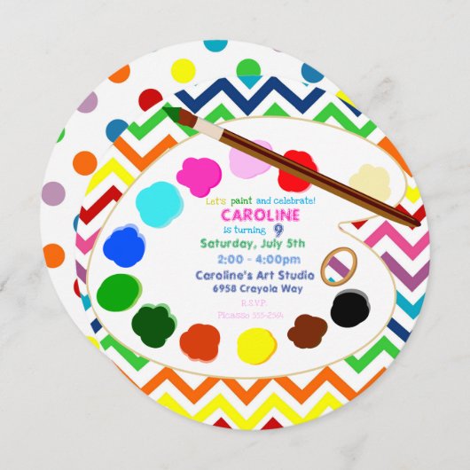 レイ絵画ンボーアートパーティー、水玉模様、ストライプ 招待状 (正面/裏面)