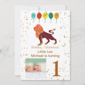 レオの1歳の誕生日 ゴールド 風船 写真 招待状 (正面)