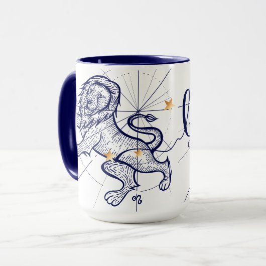 レオの(占星術の)十二宮図の濃紺及び金ゴールドの誕生のマグ マグカップ (正面左)