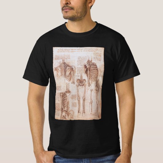レオナルド・ダ・ヴィンチの人体解剖骨格 Tシャツ (正面)