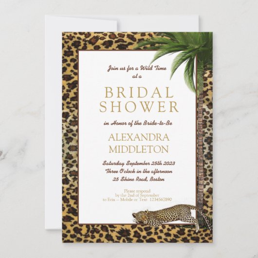 レオパードアニマルプリントエレガントパームブライダルシャワー 招待状 (正面)