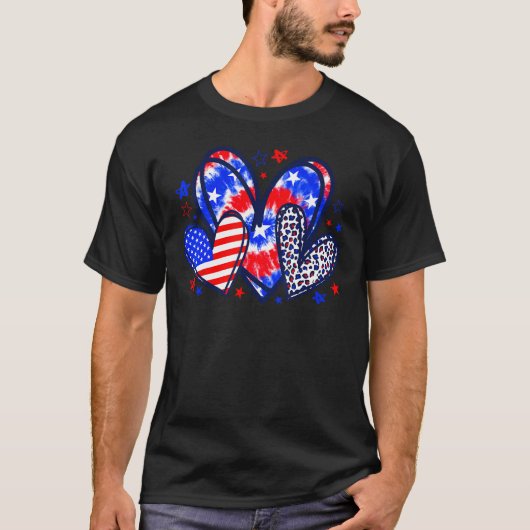 レオパードハート赤白青アメリカ国旗4日 Tシャツ (正面)