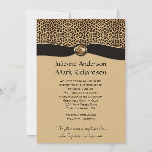 レオパードプリントフェイクリボン宝石結婚式招待状 招待状 (正面)