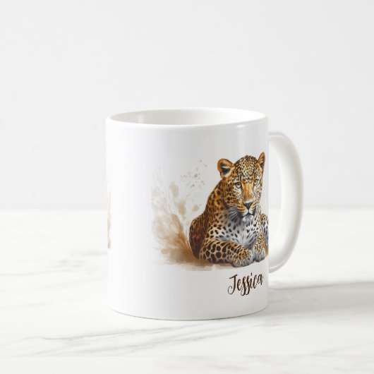 レオパードポートレートサファリパーソナライズされた動物の名前 コーヒーマグカップ (正面右)