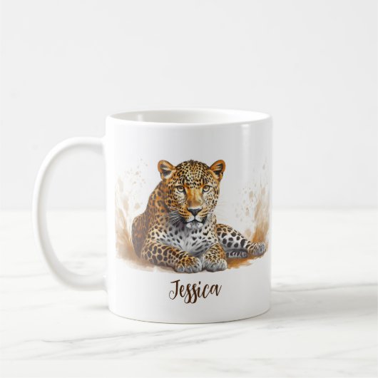 レオパードポートレートサファリパーソナライズされた動物の名前 コーヒーマグカップ (左)