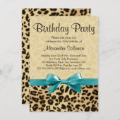 レオパード印刷アクアブルーボウガールバースデーパーティー 招待状 (正面/裏面)