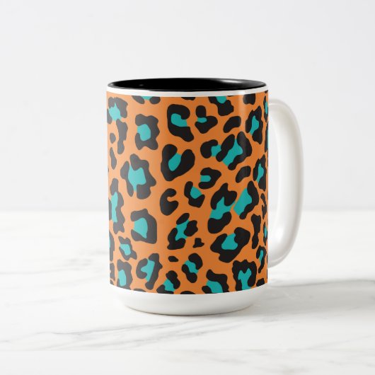 レオパード印刷オレンジ、ブラック、アクア ツートーンマグカップ (正面右)