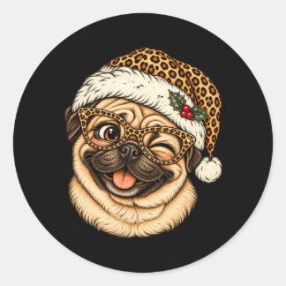 レオパード柄のサンタ帽をかぶったパグのクリスマスデザイン ラウンドシール