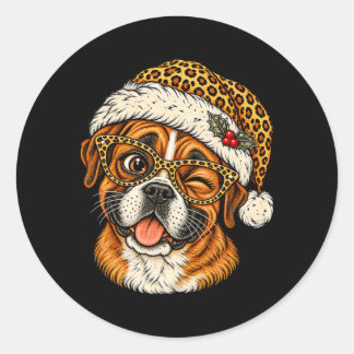 レオパード柄のサンタ帽をかぶった面白いクリスマスのボクサー犬 ラウンドシール