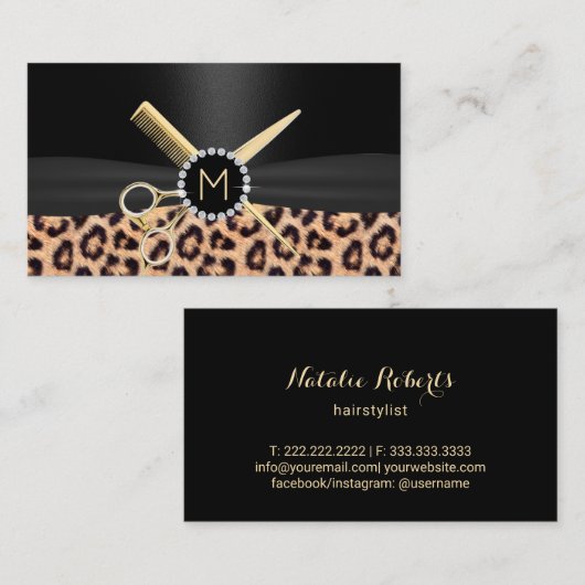 レオパード美容師金ゴールドシザー&コームラグジュアリー 名刺 (正面/裏面)