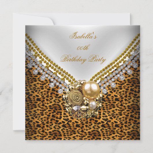 レオパード金ゴールド白黒エレガントバースデーパーティー 招待状 (正面)