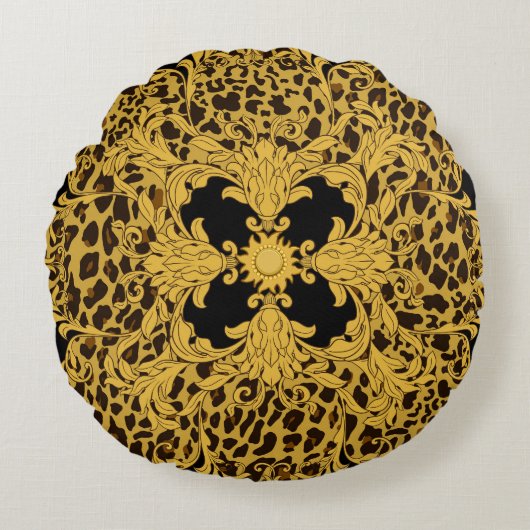 レオパード・バロック華美アニマルプリント ラウンドクッション (正面)